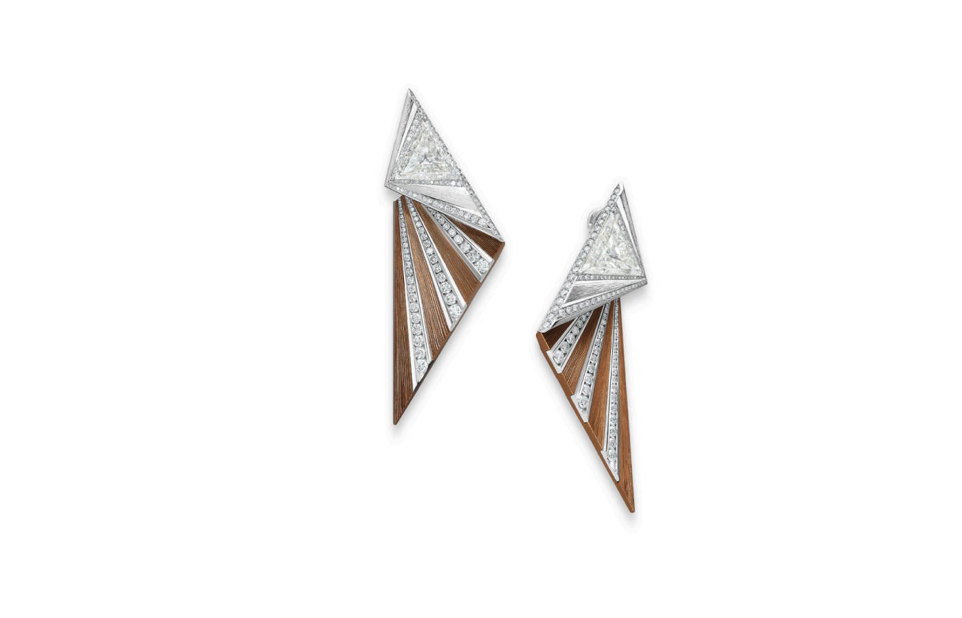 FORMS unveils a pair of Fan earrings with triangular colourless diamonds and brown aluminium ahead of TEFAF Maastricht in March 2024