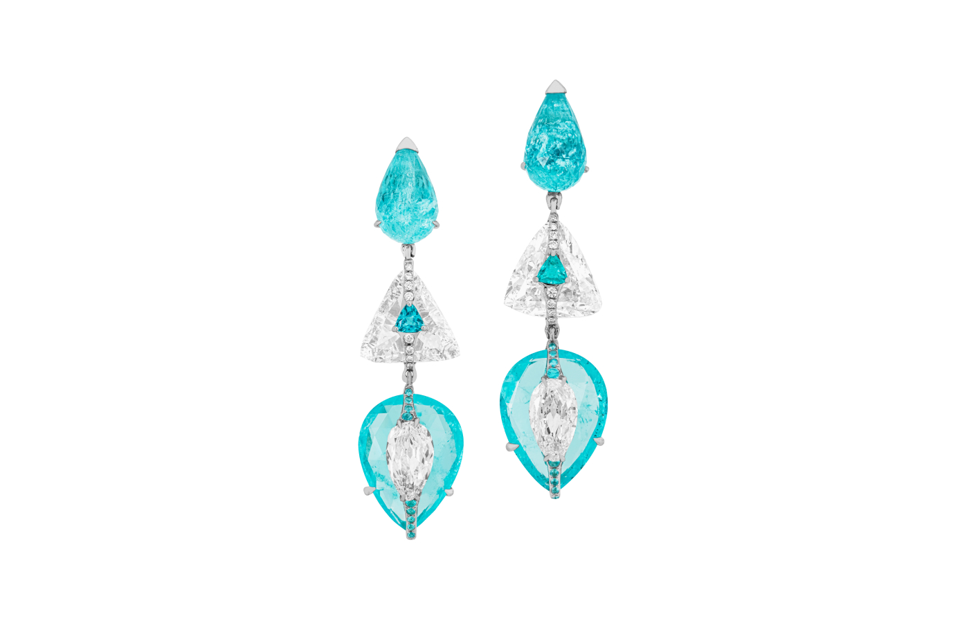  Boghossian ‘Kissing’ earrings with pear-shaped Paraiba tourmalines and pear-shaped diamonds, plus triangular-shaped Paraibas and diamonds in 18k white gold 