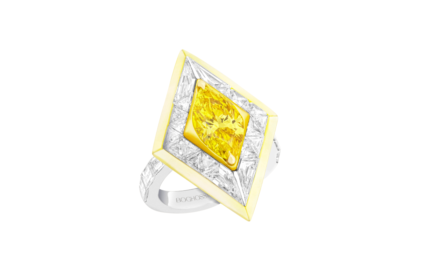  Boghossian ring with a fancy vivid yellow marquise-shaped diamond surrounded by carved mother of pearl and fancy-shaped diamonds in 18k white and yellow gold 