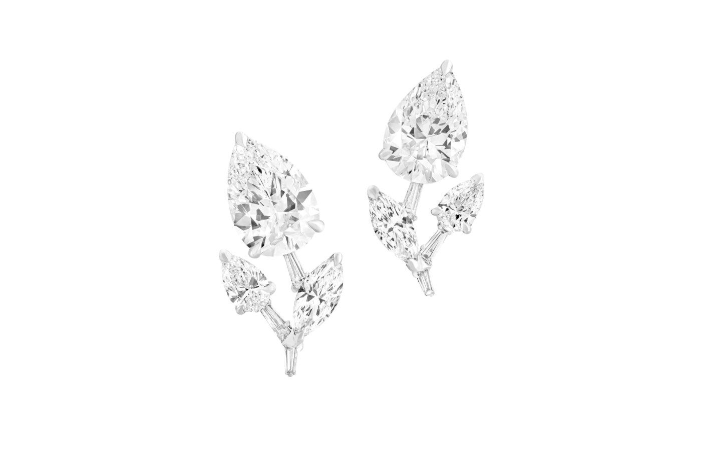 Boghossian Type IIa diamond earrings reminiscent of a blossoming branch with two pear-shaped diamonds over 5 carats each in 18k white gold 