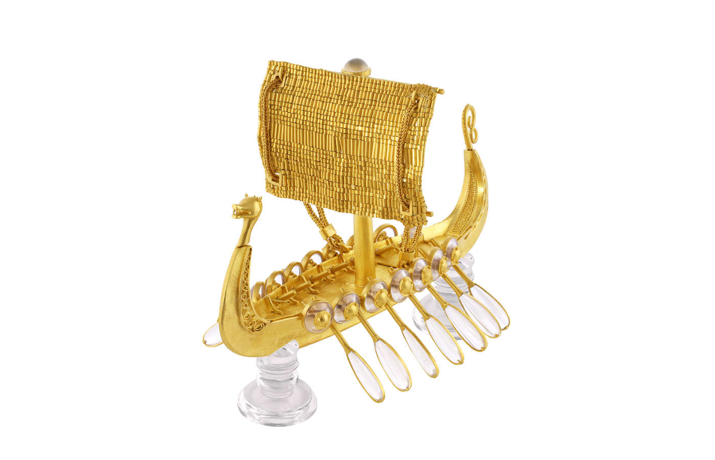 This Viking Longship by Californian jewellery company Loren Nicole can be transformed into 30 pieces of 22k yellow gold jewellery, some set with rock crystal 