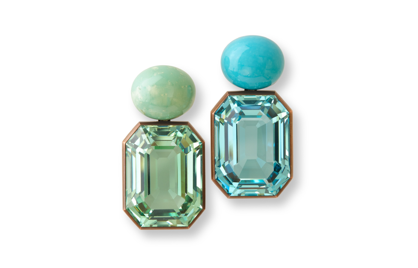  Hemmerle earrings with a 71-carat aquamarine and a 73-carat beryl with turquoise set in copper and white gold. Courtesy of Hemmerle