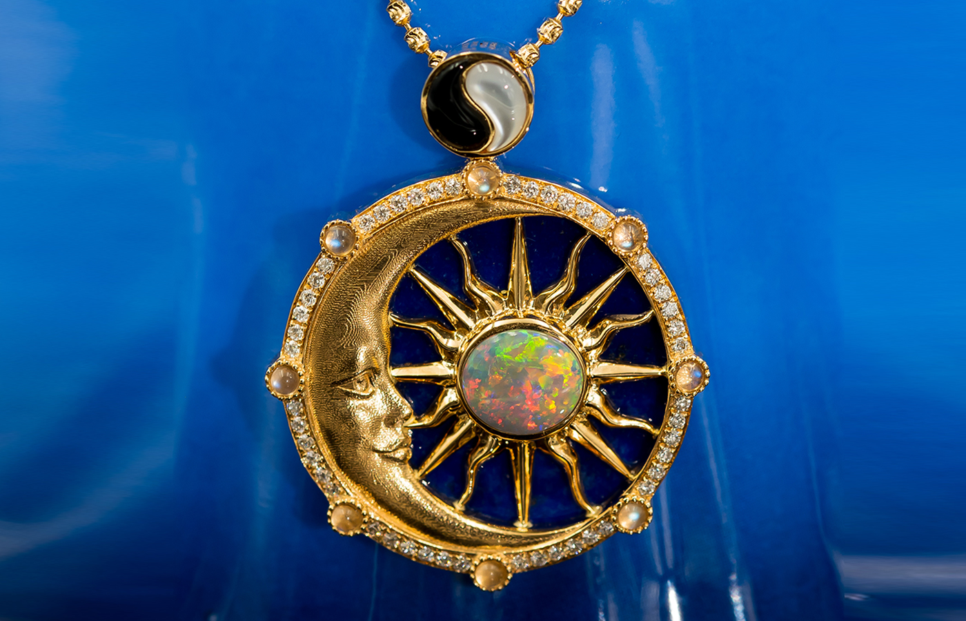 Cindy Xu Sun & Moon pendant in gold, opal, mother-of-pearl, onyx and diamond