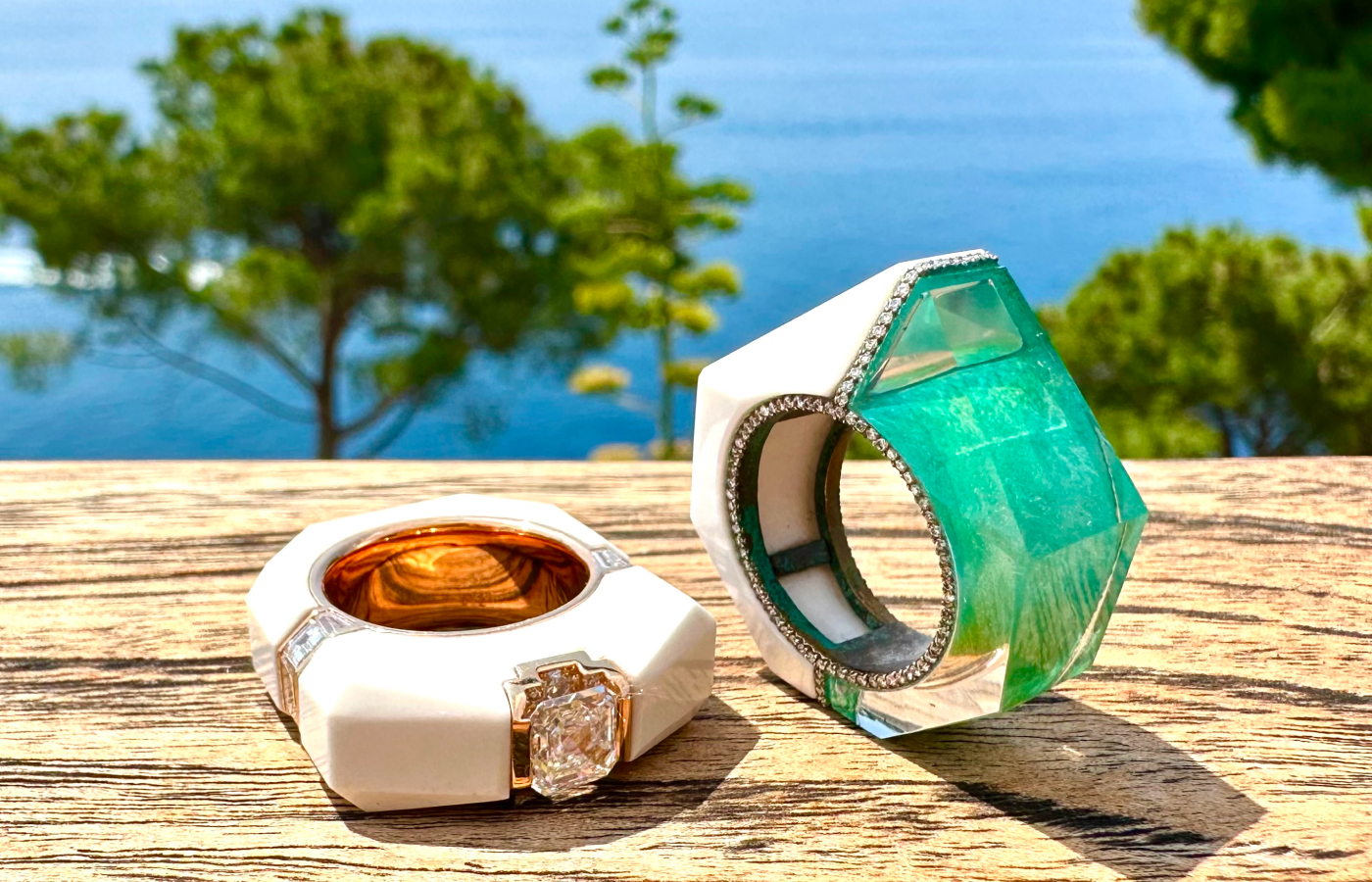  Inés Nieto Heptagon and Taura rings in oxidised copper, rose gold, white cacholong, turquoise and diamond