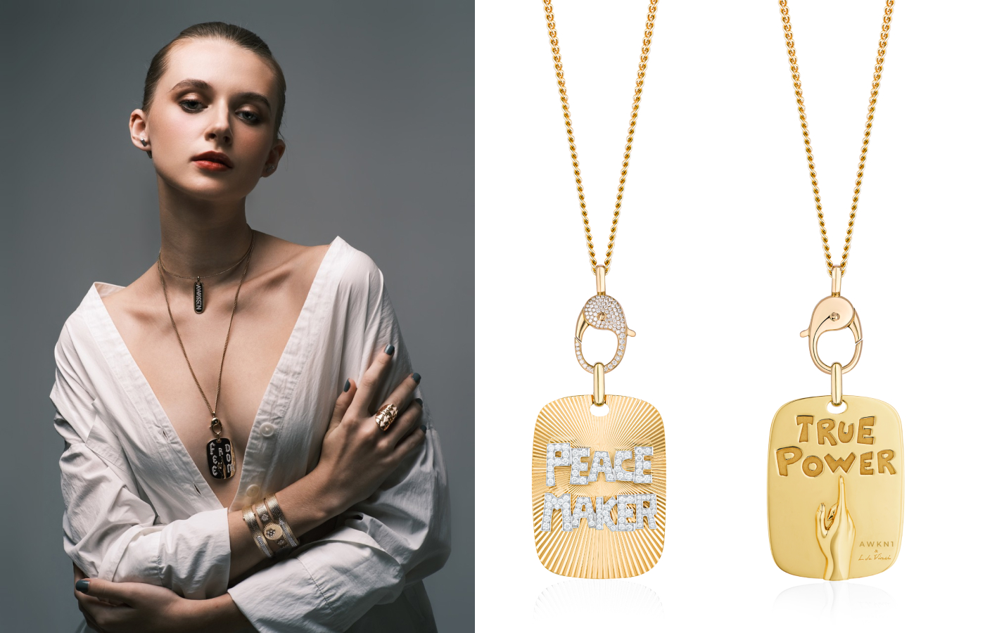 AWKN1 gold and diamond necklaces displaying empowering messages