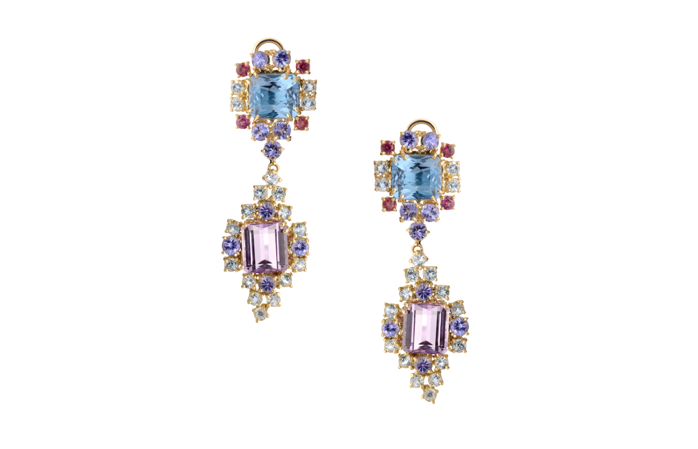  Goldesign Bossa earrings in gold, amethyst, blue topaz and pink tourmaline