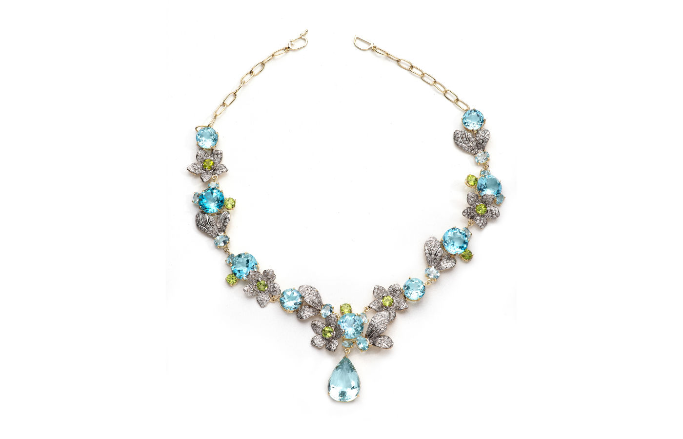  Goldesign Bossa necklace in gold, blue topaz, peridot and diamond