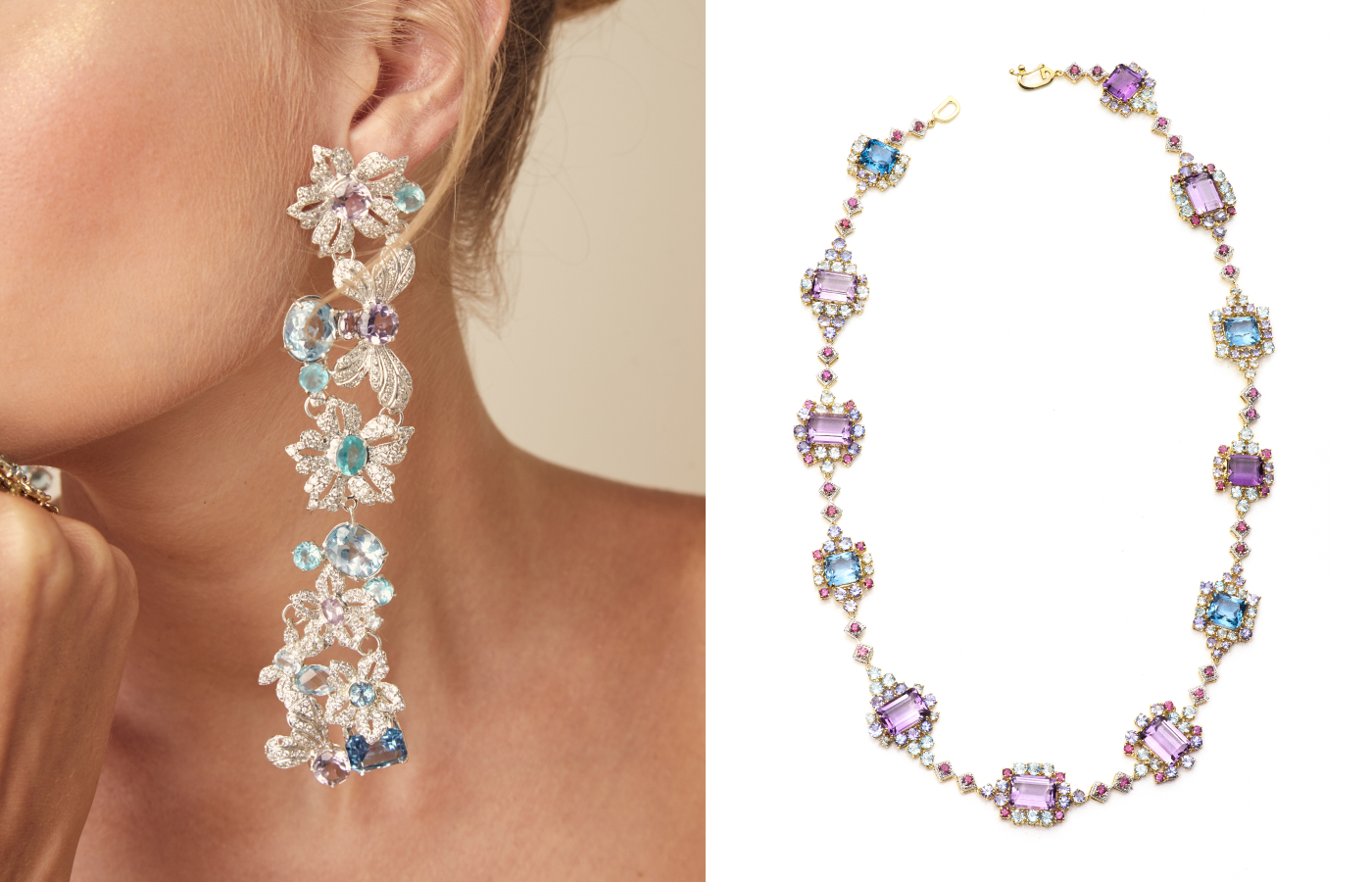 Goldesign Bossa earrings in gold, amethyst, blue topaz and diamond, alonside a necklace in gold, amethyst, blue topaz and pink tourmaline