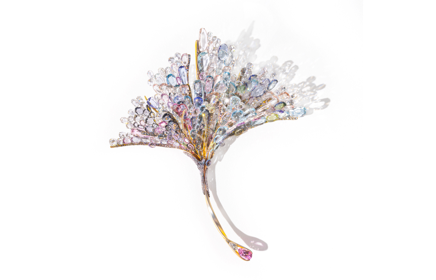 Feng J Gingko Leaf of Firework brooch in gold and precious gemstones