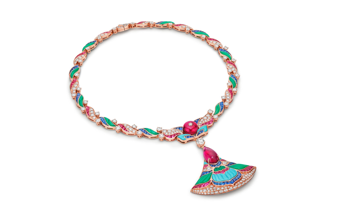 Bulgari High Jewellery Divas Dream necklace in pink gold, chrysoprase, turquoise, rubellite, sapphire, tourmaline and diamond