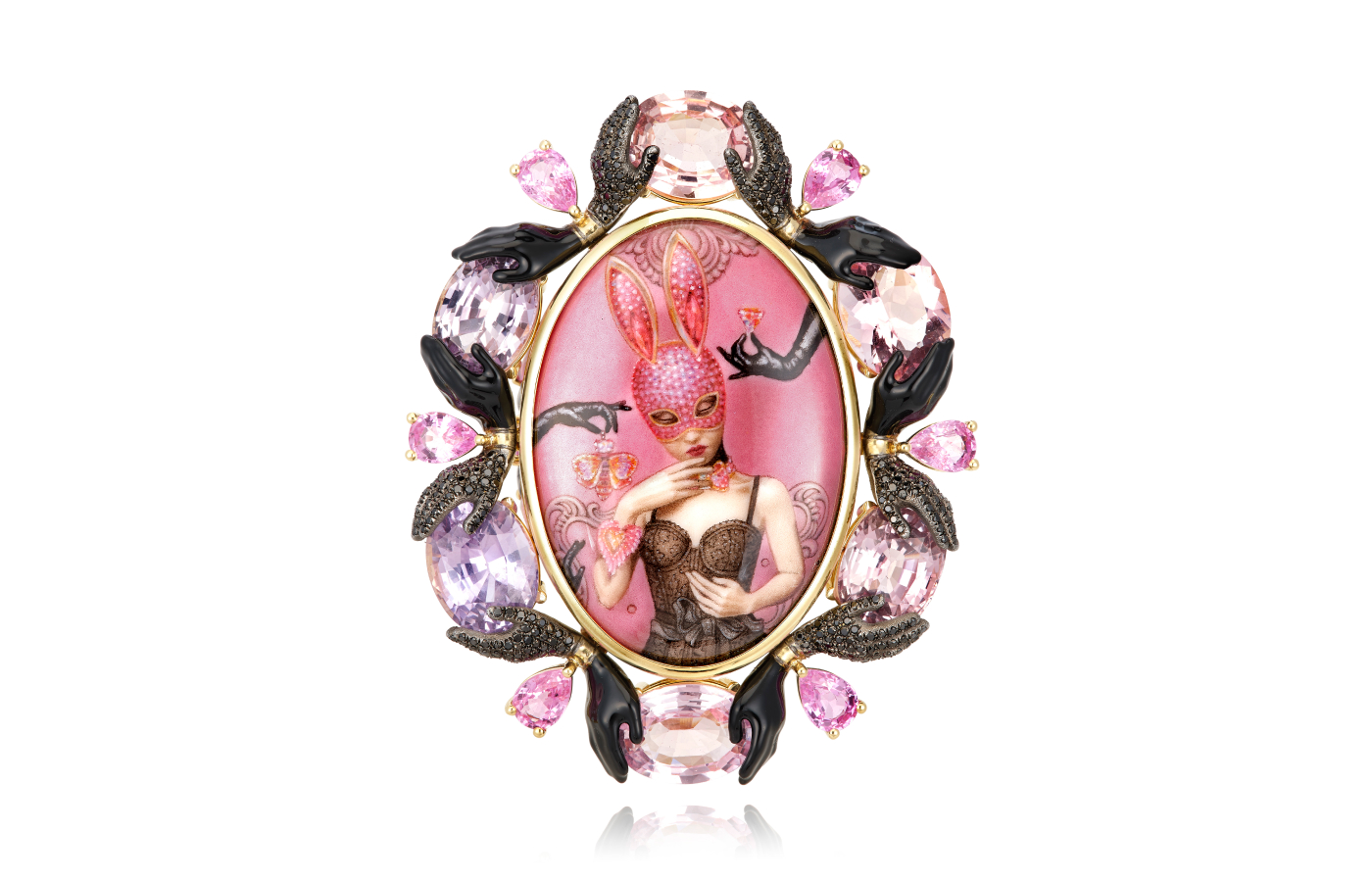 Lydia Courteille ring in gold, enamel, morganite, sapphire and black diamond from the A Natalie collection
