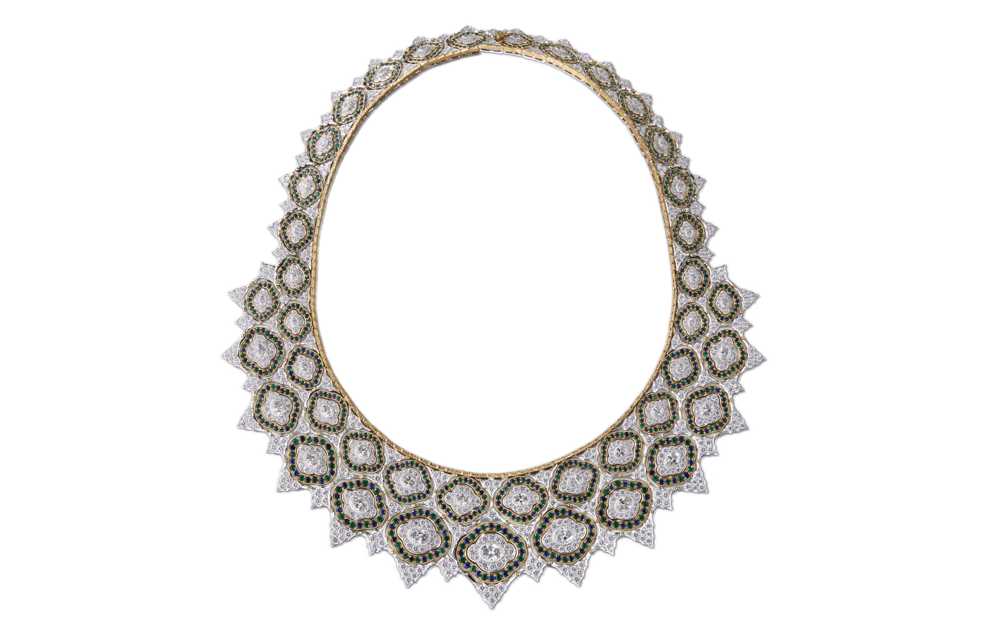 Buccellati Bib-necklace in gold, white gold, sapphire, emerald and diamond from the Mosaico collection