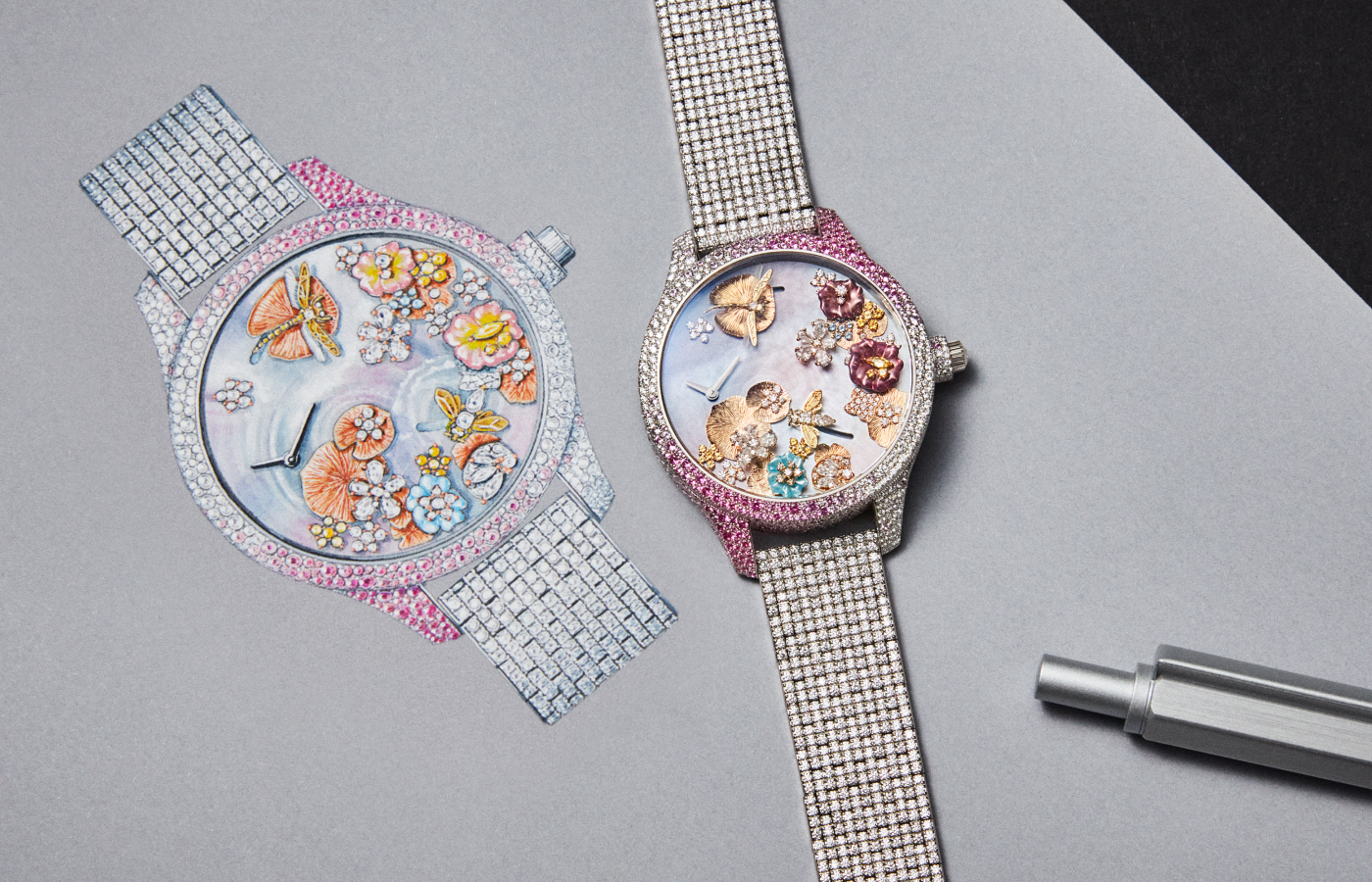 Dior Grand Soir Automate Miroir d’Eau watch in white gold, coloured mother-of-pearl, pink and yellow sapphire, Gallus Gallus feather and diamond