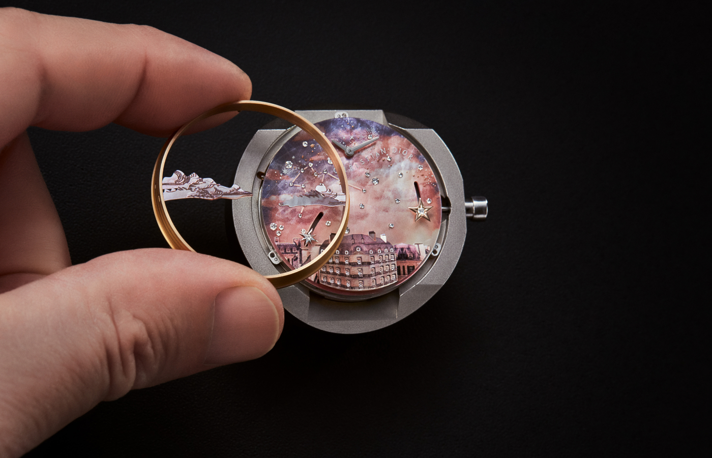Making of the Dior Grand Soir Automate Etoile de Monsieur Dior watch in white gold, pink gold, hand painted enamel, printed pink mother of pearl and diamond