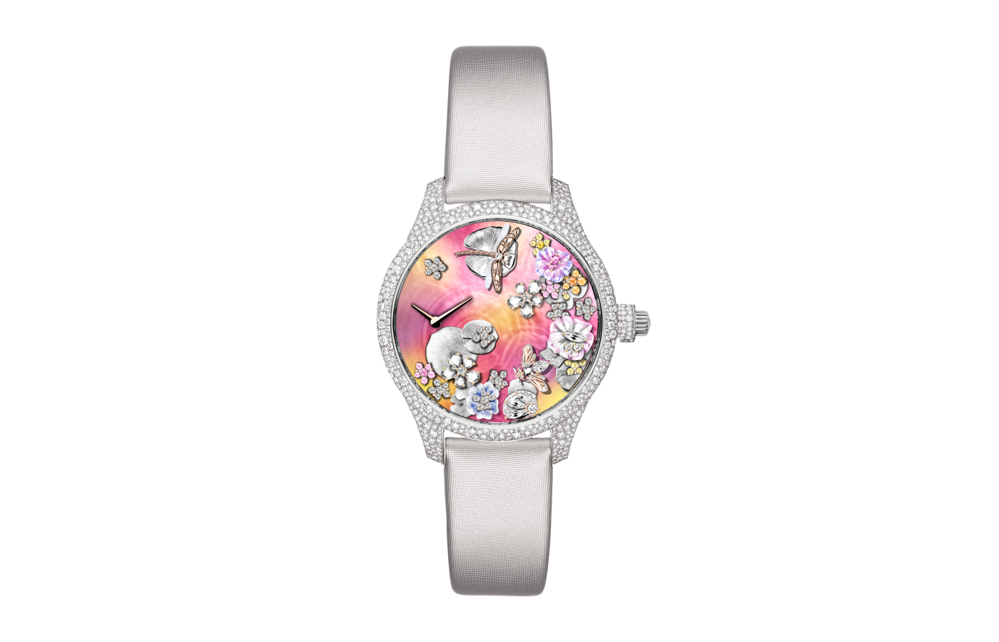 Dior Grand Soir Automate Miroir d’Eau watch model in white gold, coloured mother-of-pearl, pink sapphire, Gallus Gallus feather and diamond 