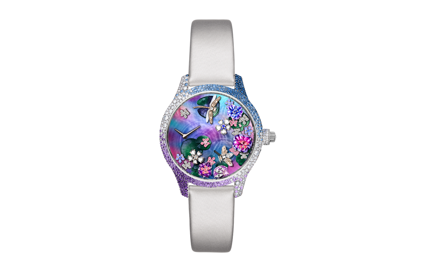  Dior Grand Soir Automate Miroir d’Eau watch model in white gold, coloured mother-of-pearl, multi-coloured sapphire, ruby, amethyst, Gallus Gallus feather and diamond 