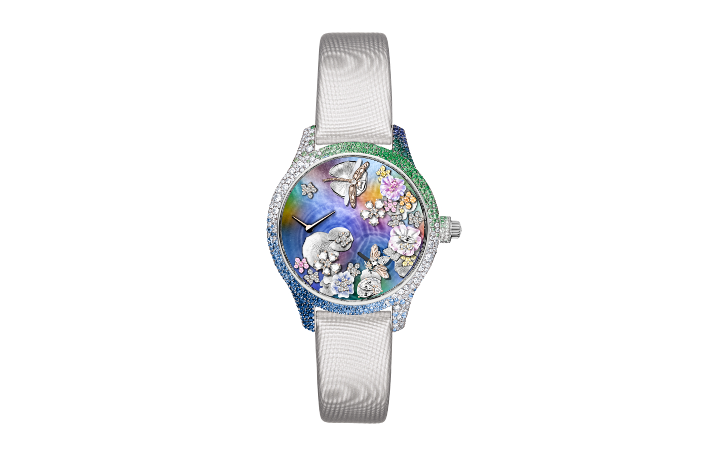  Dior Grand Soir Automate Miroir d’Eau watch model in white gold, coloured mother-of-pearl, multi-coloured sapphire, emerald, aquamarine, Gallus Gallus feather and diamond 