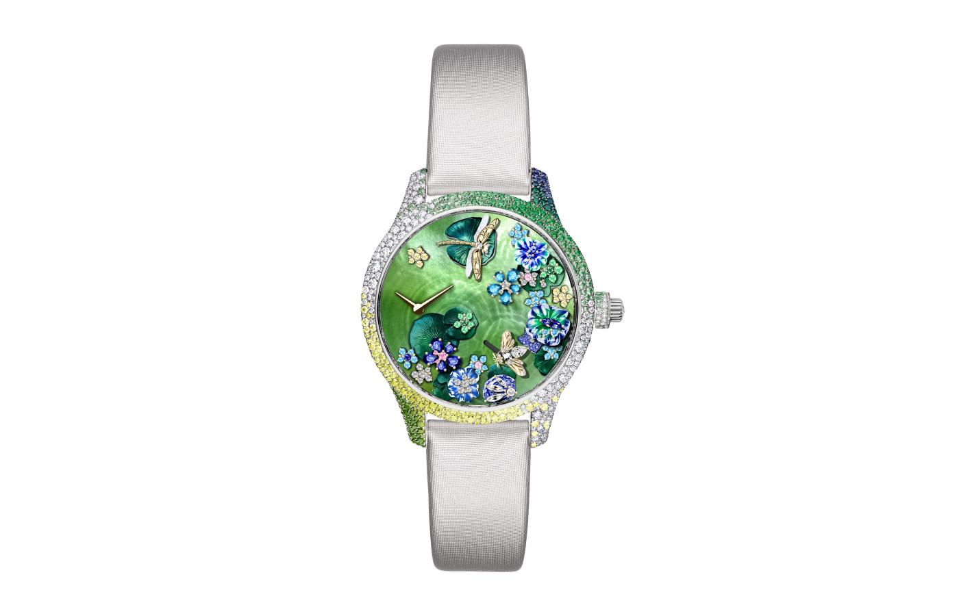  Dior Grand Soir Automate Miroir d’Eau watch model in white gold, coloured mother-of-pearl, multi-coloured sapphire, emerald, aquamarine, Gallus Gallus feather and diamond 