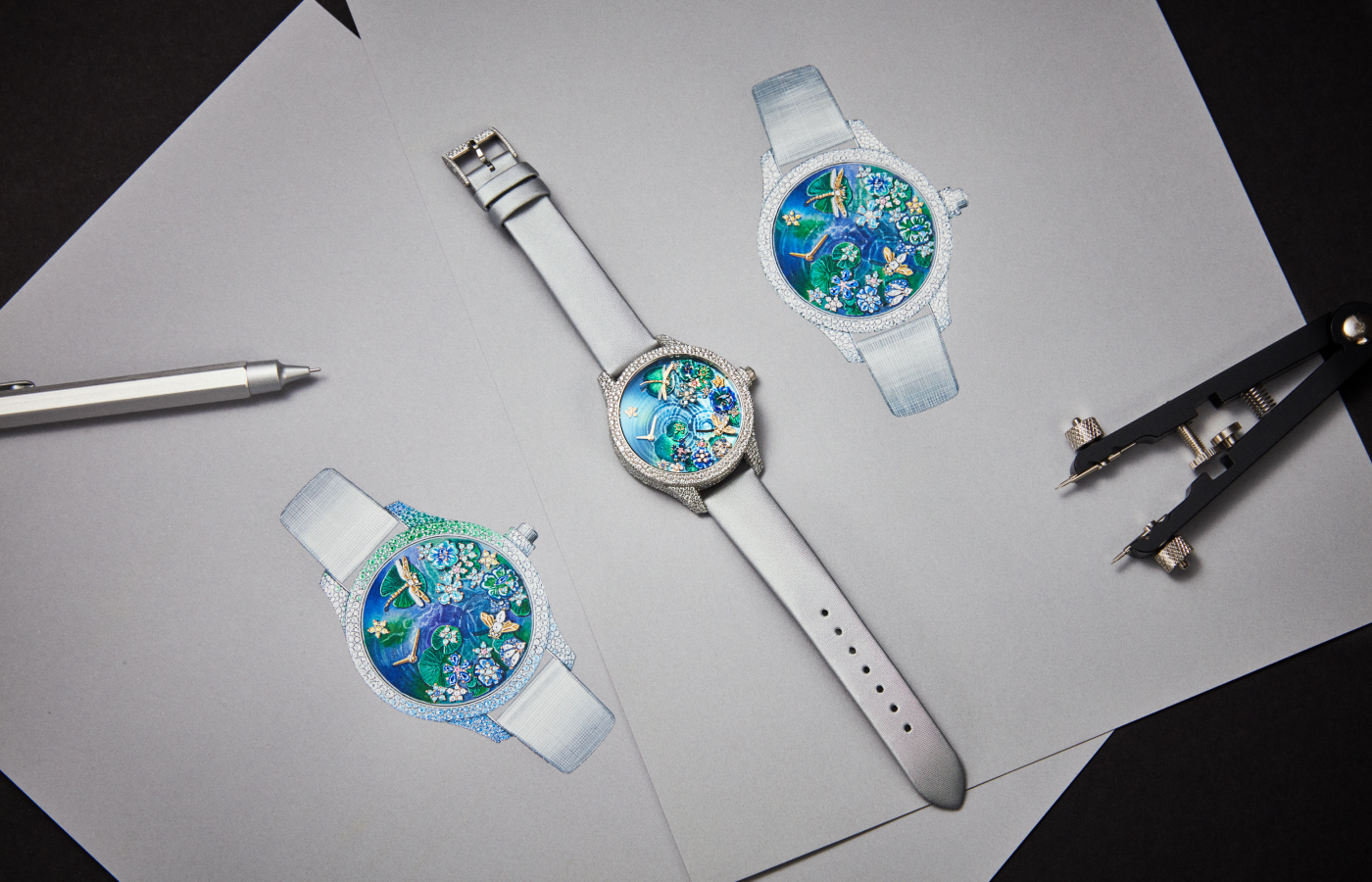 Gouache drawing of a Dior Grand Soir Automate Miroir d’Eau watch model 