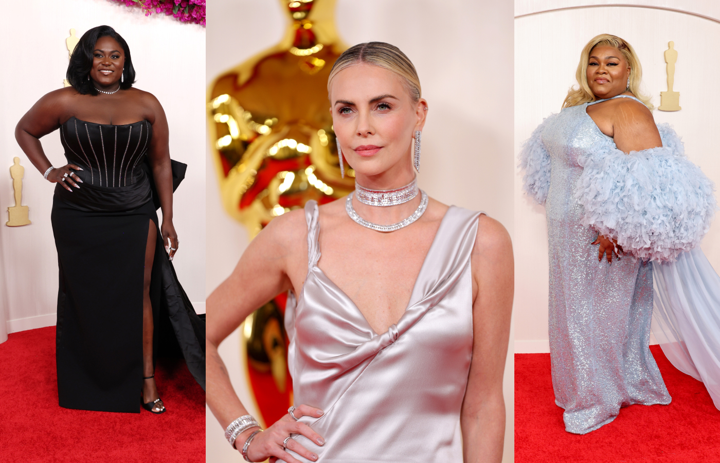 More looks from the 2024 Oscars ceremony, including (from L to R) Danielle Brooks in the De Beers Drops of Light necklace with 20.97 carats of diamonds, Charlize Theron in the Boucheron Quatre Radiant Edition earrings, choker, necklace and bracelet, and Da’Vine Joy Randolph in Moussaieff earrings with 18.64 carats of white diamonds set in platinum 