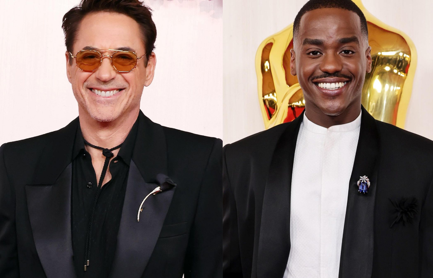  Stars wearing Tiffany & Co. jewels to the 2024 Oscars, including Robert Downey Jr. in an Elsa Peretti Amapola brooch in 18k yellow gold with pavé diamonds and black silk, and Ncuti Gatwa (right) in a Jean Schlumberger by Tiffany Four Leaves brooch with a 41-carat tanzanite