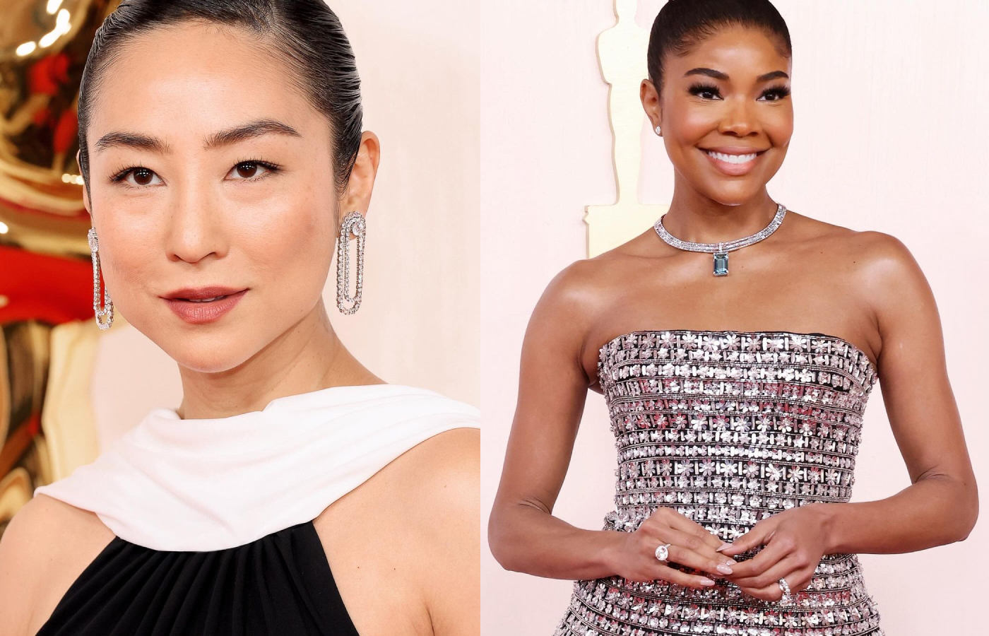  Stars wearing Tiffany & Co. jewels to the 2024 Oscars, including Greta Lee in platinum earrings set with 3 carats of diamonds and Gabrielle Union (right), who opted for a 31 carat emerald-cut aquamarine necklace with 59 carats of diamonds 