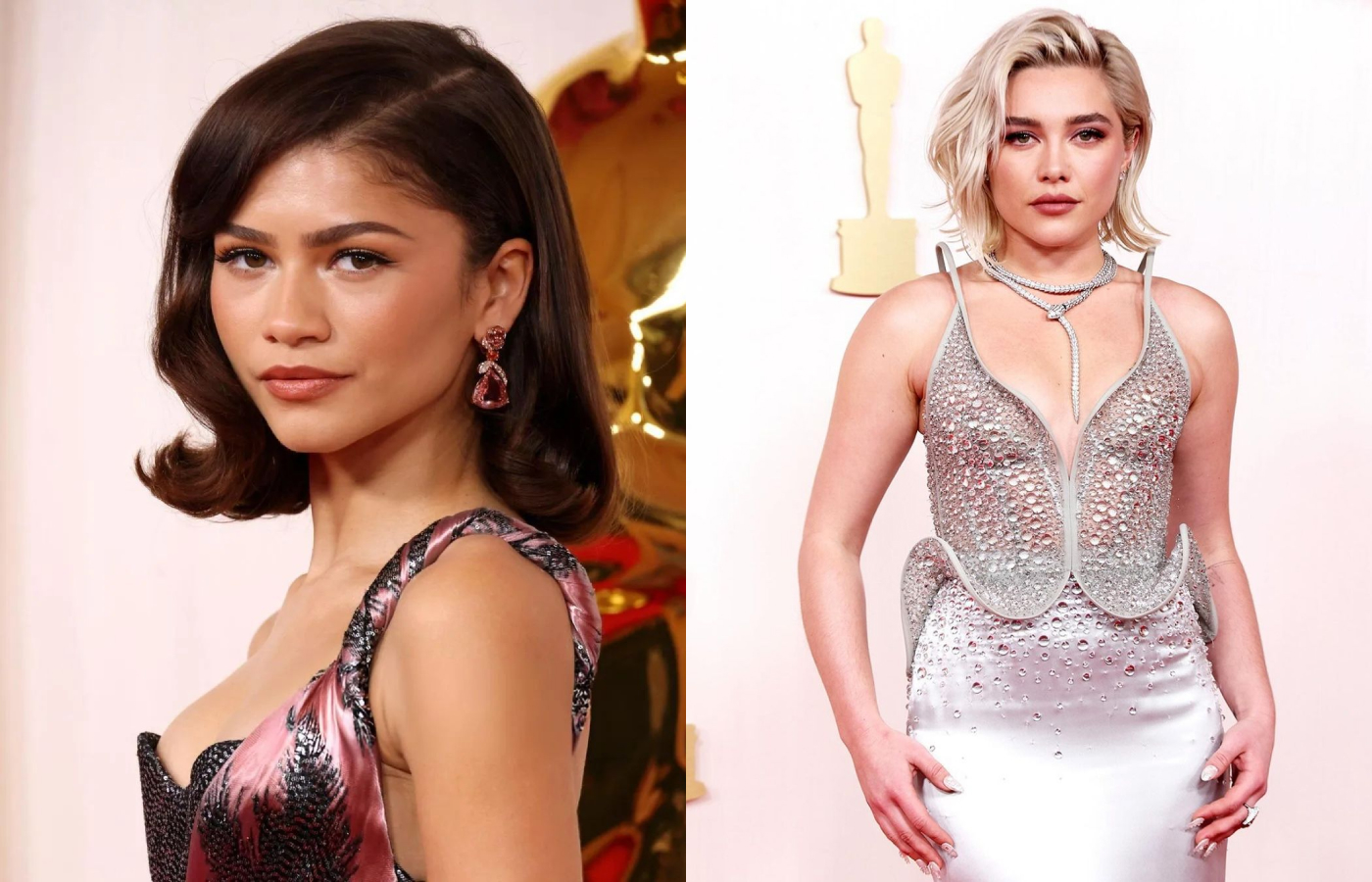  Zendaya looked striking at the 2024 Oscars ceremony in a pair of Bulgari earrings with morganites in rose gold (left) and Florence Pugh chose a colourless diamond necklace from the Bulgari Serpenti collection 