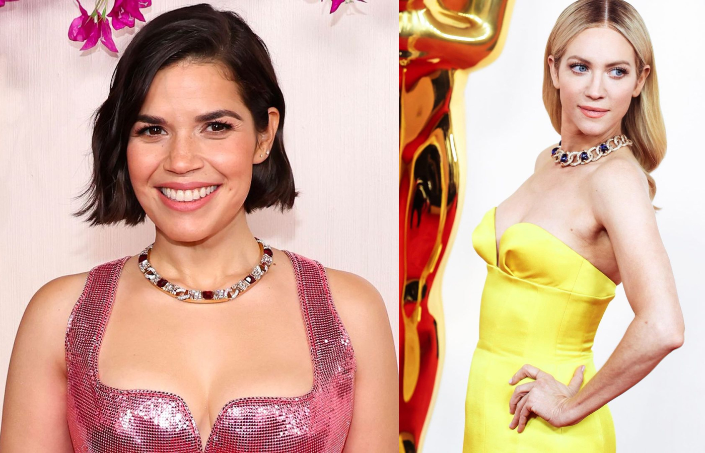 America Ferreira attends the 2024 Oscars ceremony in the Pomellato Ode to Milan Castello necklace with rubellites and diamonds and Brittany Snow (right) stands out with the Pomellato Catene chain-link necklace with tanzanites and brown diamonds