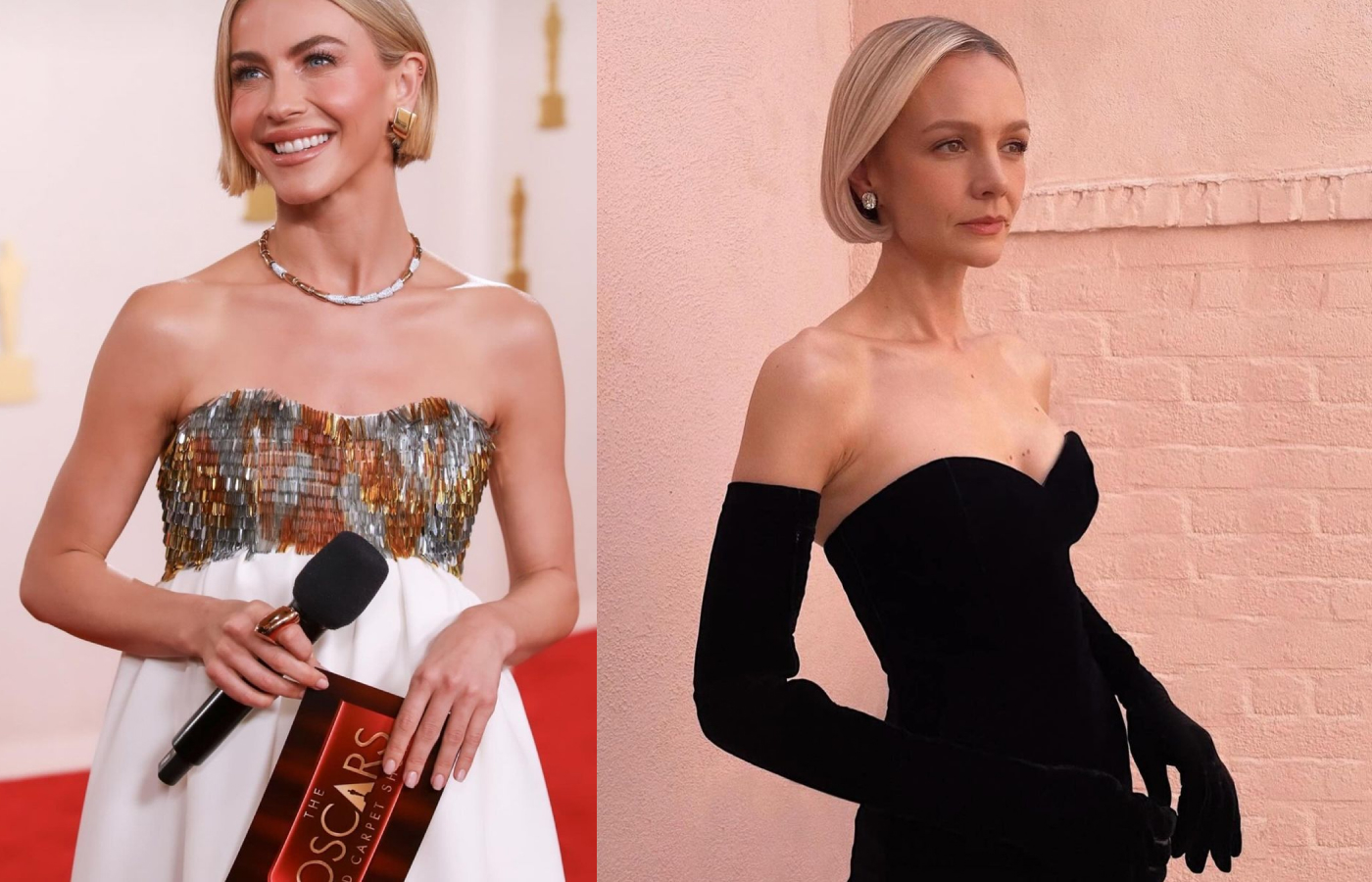  Julianne Hough attends the 2024 Oscars ceremony wearing a necklace and earrings by Vhernier (left) and Carey Mulligan wows in old mine-cut diamonds courtesy of Fred Leighton