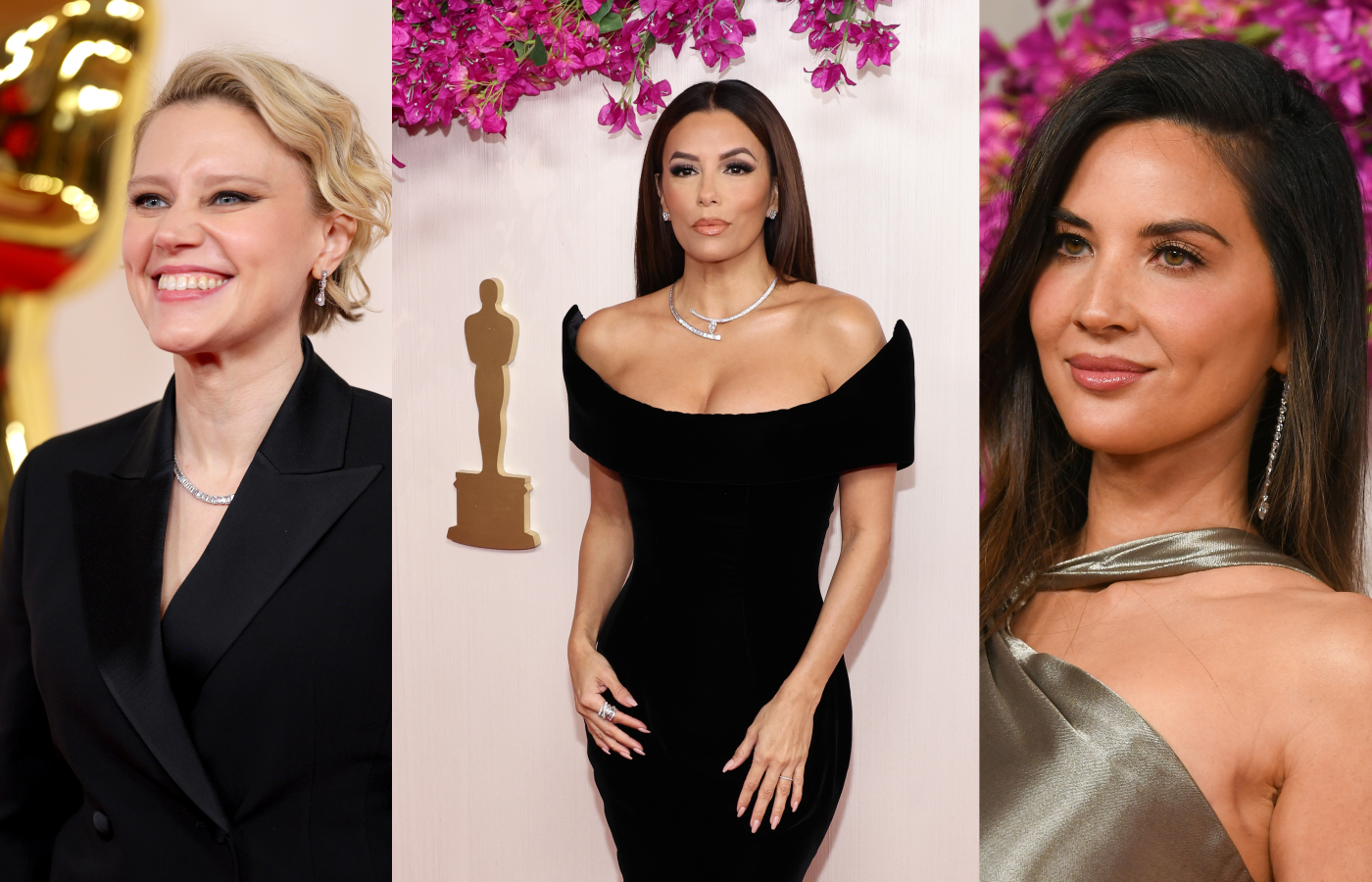  Bucherer Fine Jewellery at the 2024 Oscars ceremony, including (from L to R) Kate McKinnon in the Rivière Collier with emerald-cut diamonds in white gold, Eva Longoria wearing the Inner Fire masterpiece necklace with a 5.57 carat pear-shaped diamond, and Olivia Munn wearing the Inner Fire Masterpiece earrings with pear-cut diamonds and diamond-set ear pins in 18k white gold 