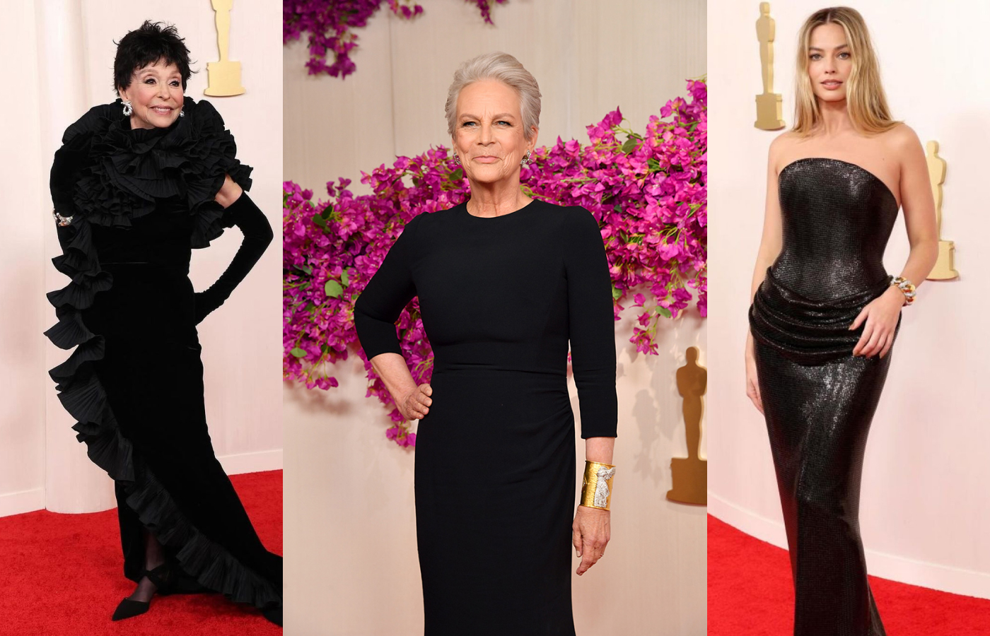 Jewellery looks from the 2024 Oscars ceremony, including (from L to R) Rita Moreno in a Verdura cuff, Jamie Lee Curtis in a Cathy Waterman cuff and Margot Robbie in a 1980s diamond and gold twist cuff by Boivin