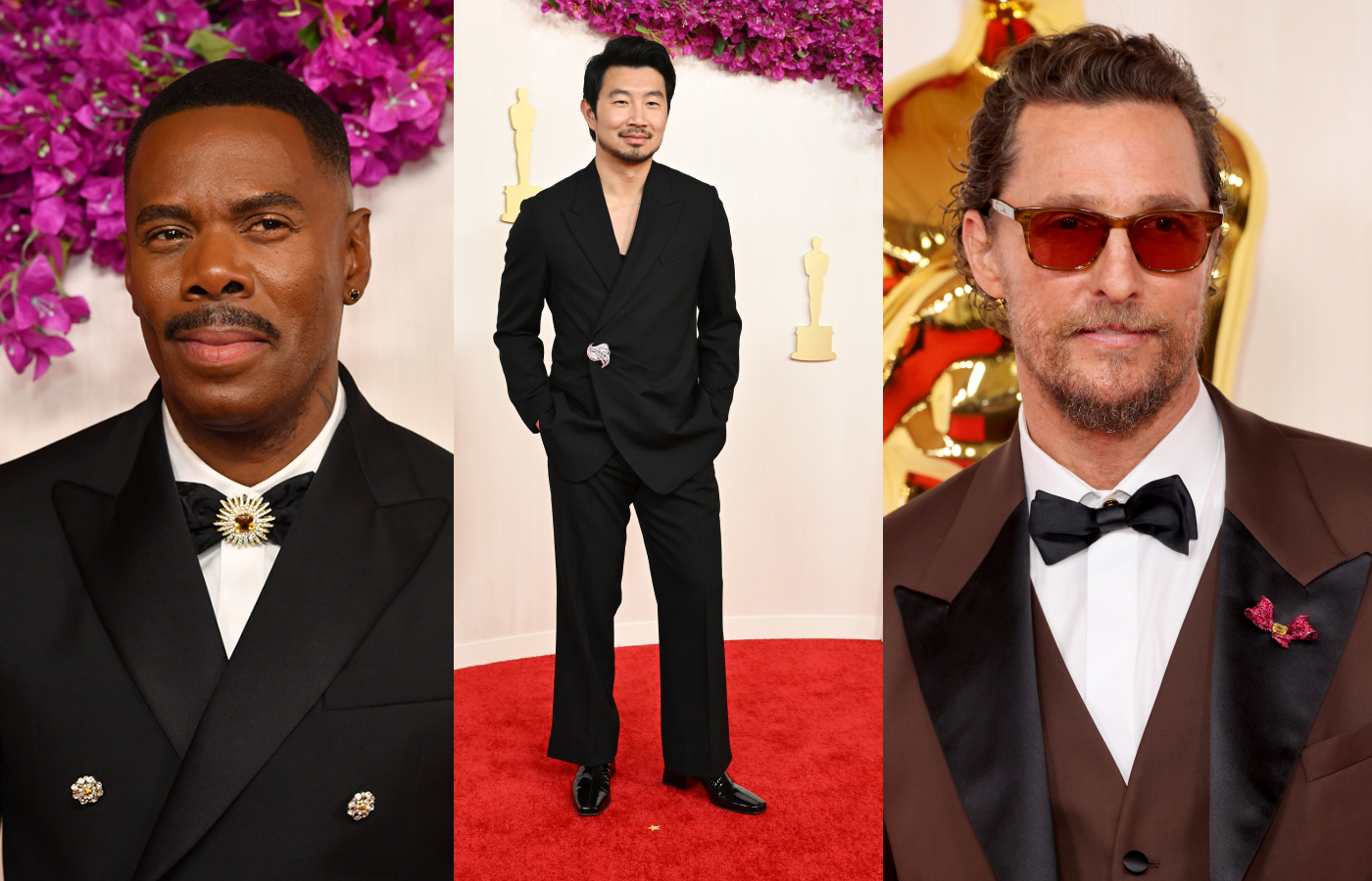 Stylish men at the 2024 Oscars ceremony, including (from L to R) Colman Domingo with a brooch-studded bow tie, Simu Liu wearing a De Beers Imaginary Nature brooch set with 32.61 carats of diamonds in platinum, and Matthew McConaughey in a Cindy Chao yellow diamond Ribbon brooch 