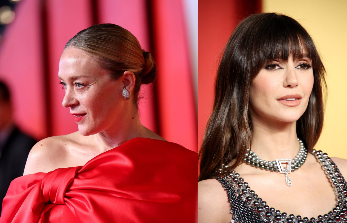  Chloë Sevigny at the Vanity Fair Oscars Party wearing Ana Khouri Diamond Christina earrings and the Diamond Phillipa ring and actress Nina Dobrev (right) in the Messika Disco Pulsation High Jewellery necklace with grey pearls and diamonds 