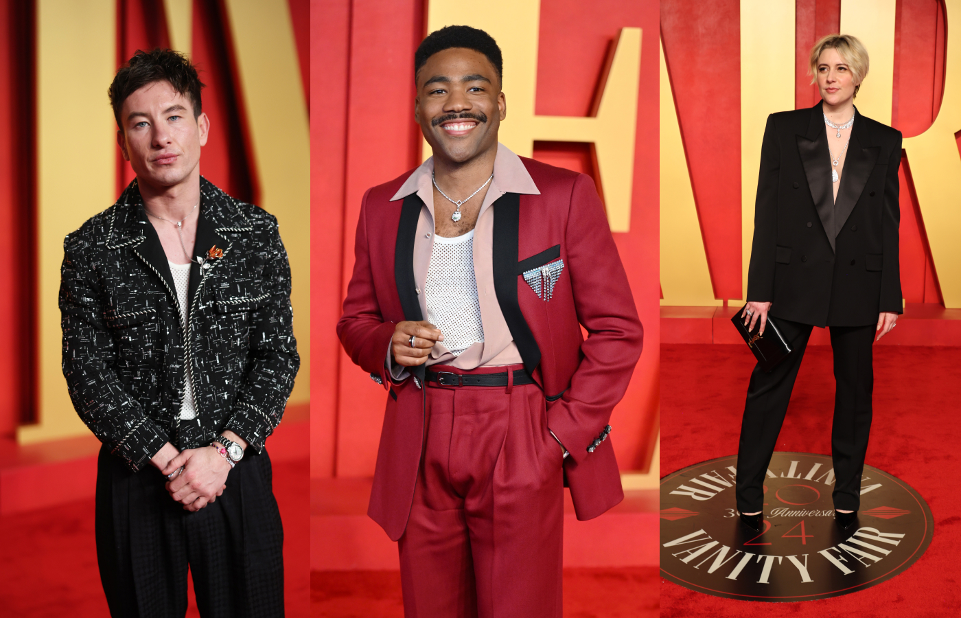  A trio of looks from the Vanity Fair Oscars Party 2024, including (from L to R) Barry Keoghan in an archival Boucheron rose brooch, Donald Glover in a Boucheron Wladimir the Cat necklace with tsavorites and diamonds, and Greta Gerwig in Boucheron diamonds, notably the Frosty White ring with an emerald-cut diamond of 3.08 carats