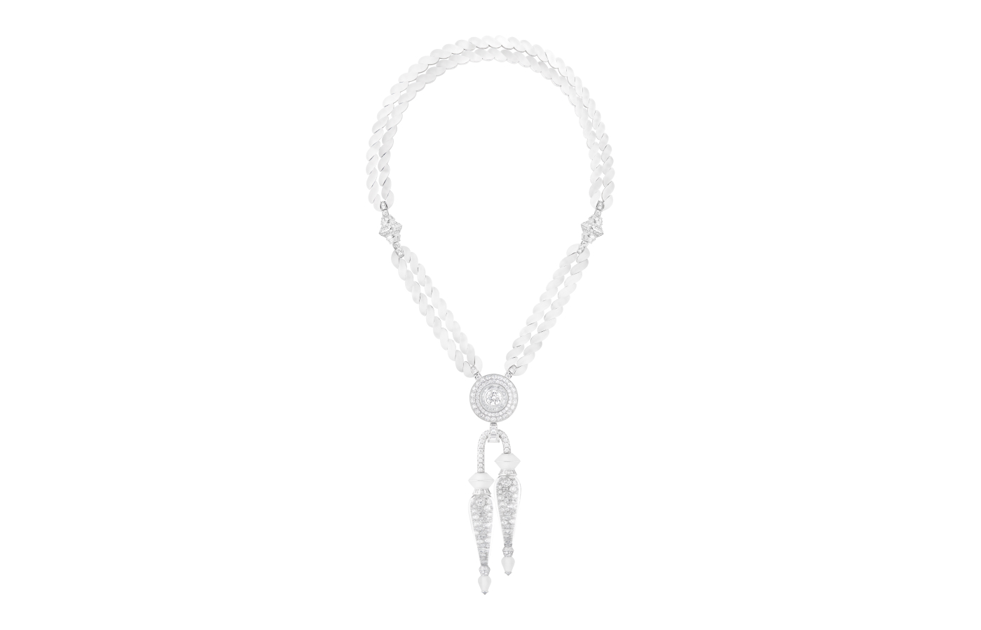 Boucheron Aiguillette necklace with a 2.11 carat round diamond and rock crystal, paved with diamonds, in 18k white gold, from the Histoire de Style The Power of Couture High Jewellery Collection