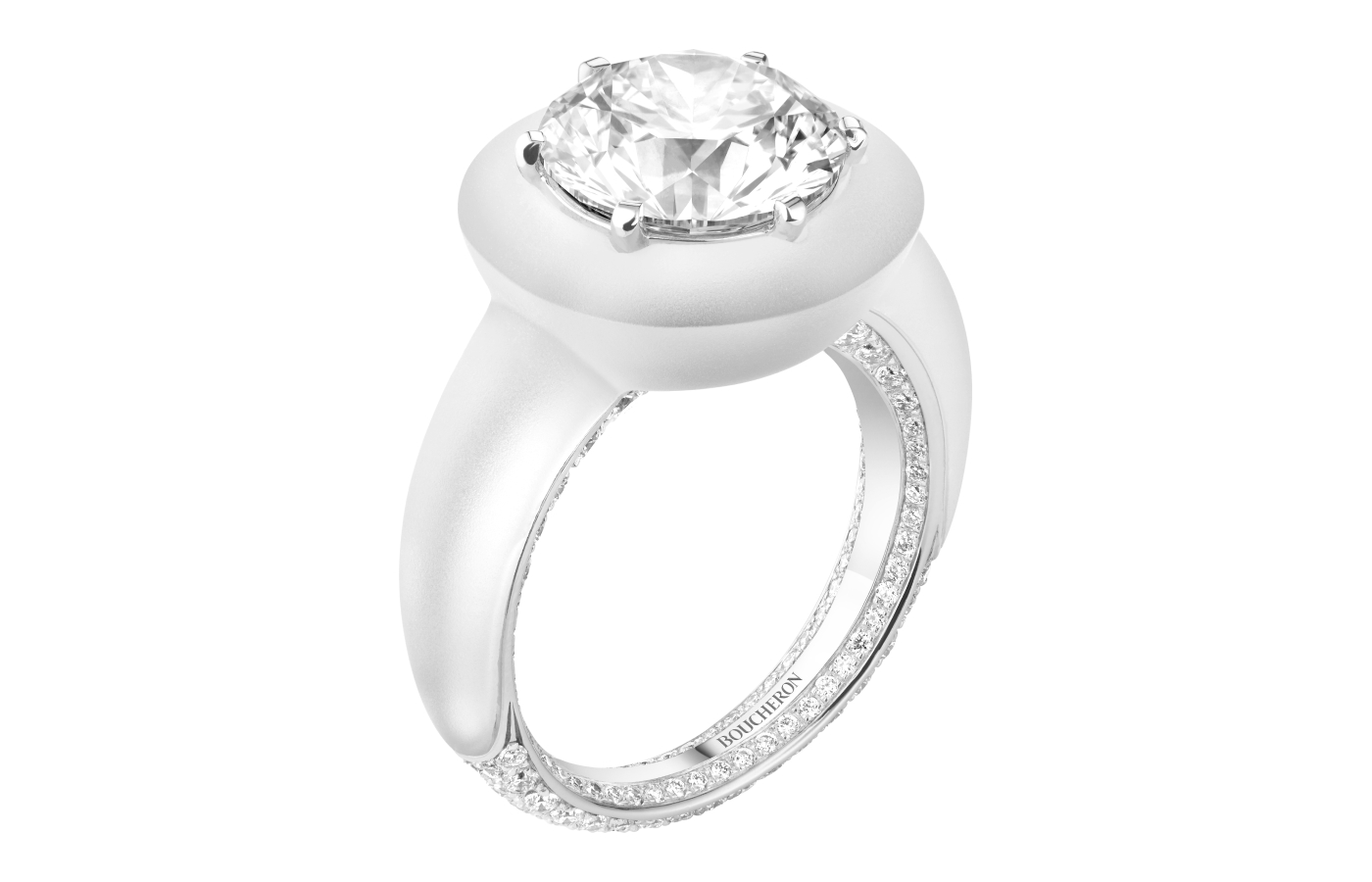  Boucheron Boutons ring set with a 4.63-carat diamond from Sierra Leone, rock crystal, and further diamond pavé in 18k white gold, from the Histoire de Style The Power of Couture High Jewellery Collection