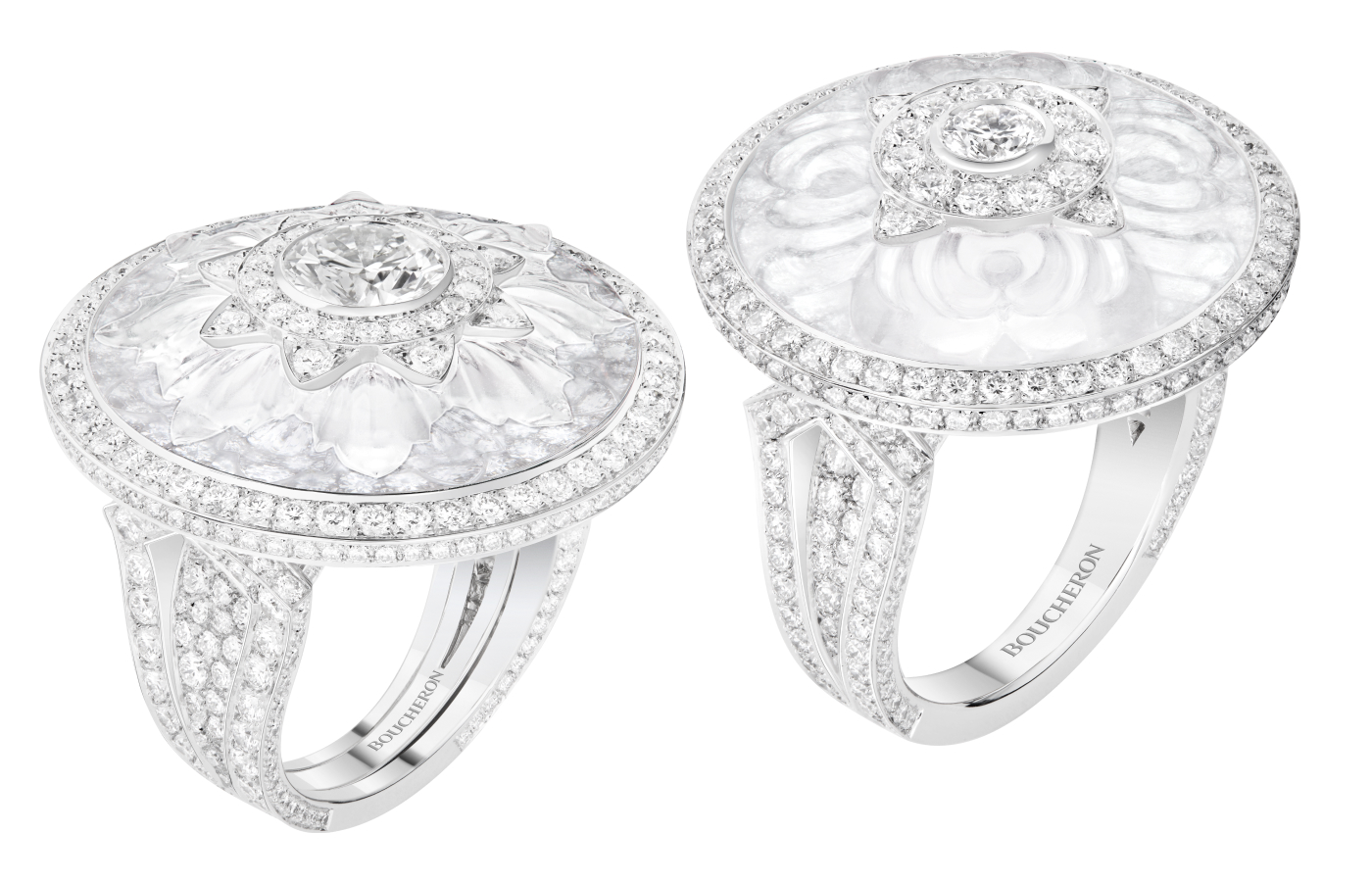  Two versions of the Boucheron Médailles ring set with diamonds and rock crystal in 18k white gold from the Histoire de Style The Power of Couture High Jewellery Collection