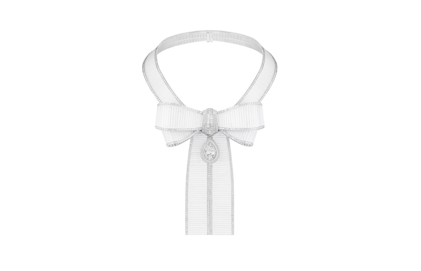  Boucheron Noeud necklace set with a 4.05-carat pear-cut diamond and rock crystal, paved with diamonds in 18k white gold, from the Histoire de Style The Power of Couture High Jewellery Collection