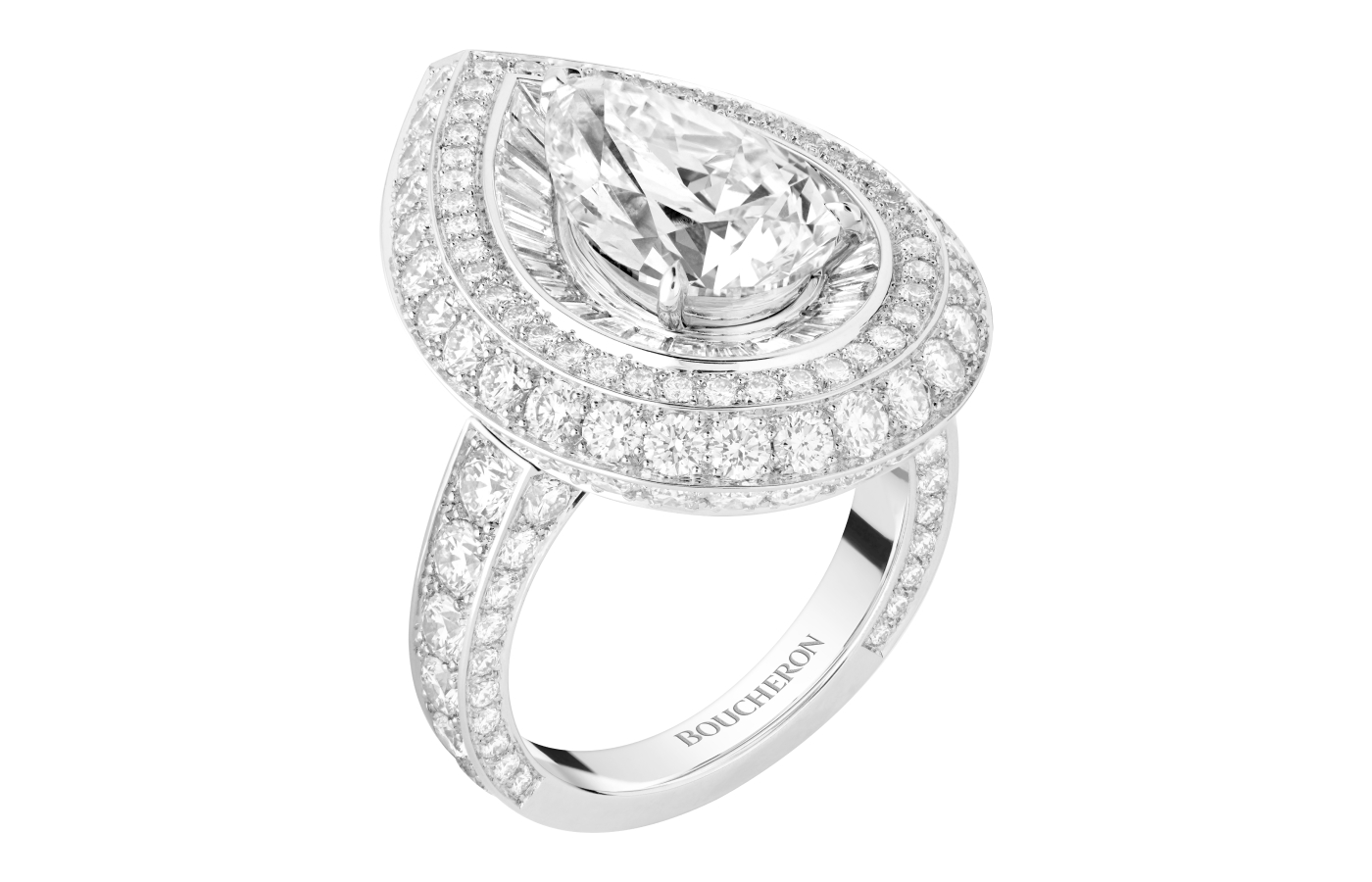  Boucheron Noeud ring set with a 5.16-carat pear-cut diamond, paved with diamonds in 18k white gold, from the Histoire de Style The Power of Couture High Jewellery Collection