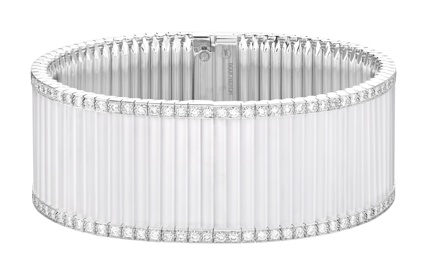  Boucheron Noeud bracelet (transformed from the necklace) set with a 4.05-carat pear-cut diamond and rock crystal, paved with diamonds in 18k white gold, from the Histoire de Style The Power of Couture High Jewellery Collection