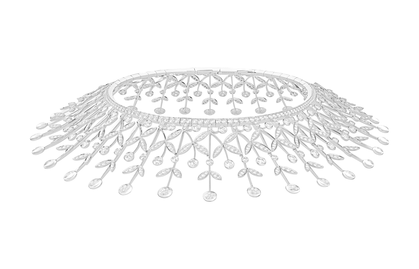  Boucheron Col lower necklace paved with diamonds and rock crystal in 18k white gold, from the Histoire de Style The Power of Couture High Jewellery Collection