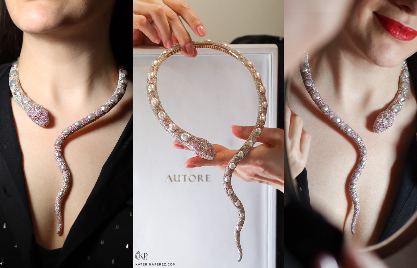 The Autore Enchantress necklace in 18k rose gold with 16.64 carats of pink diamonds, 23.99 carats of white diamonds, a 2-carat pear-shaped E colour, VVS clarity white diamond, and 26 A-grade Autore South Sea Keshi pearls