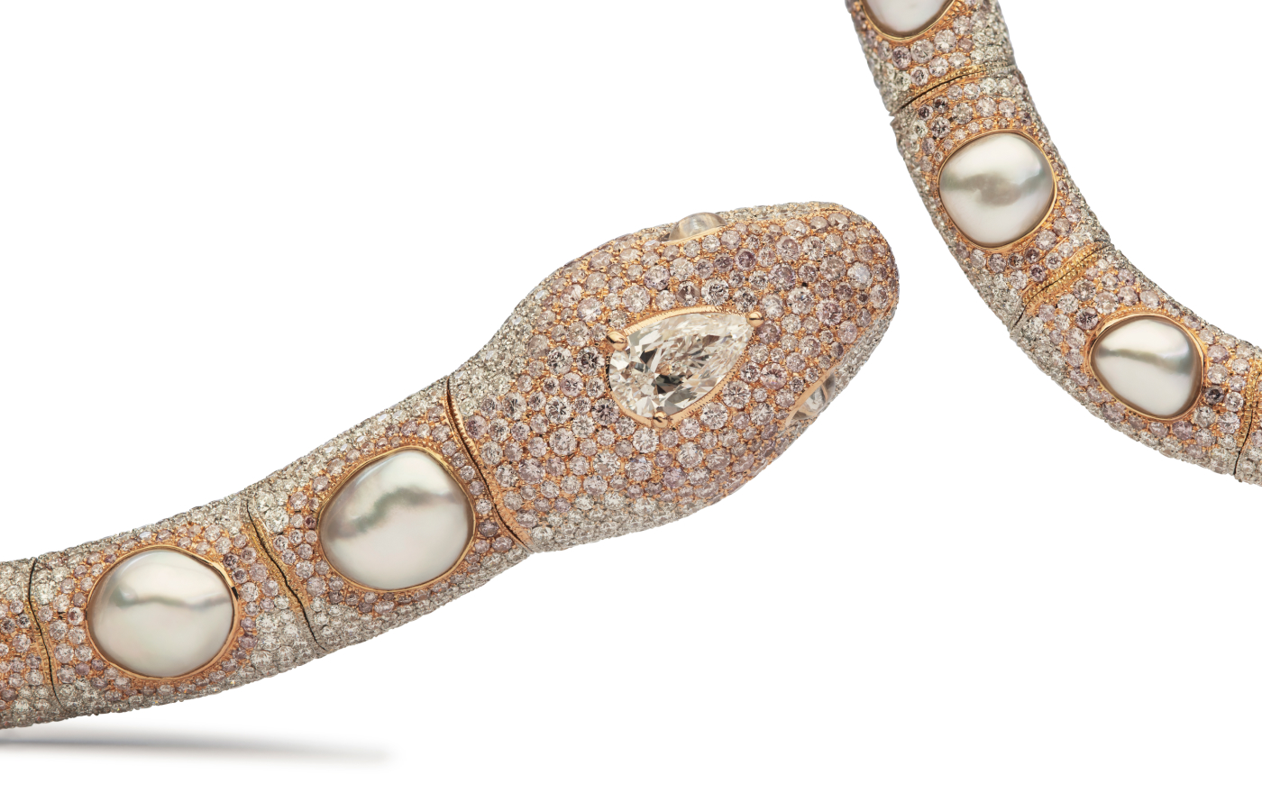  The Autore Enchantress necklace features a 2-carat pear-shaped E colour, VVS clarity white diamond in the head of the snake and 26 Autore South Sea Keshi pearls that are reminiscent of snake eggs 