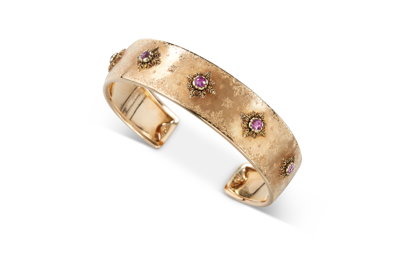 Vintage Buccellati cuff bracelet in gold, pink gold and ruby, designed in the 1950s