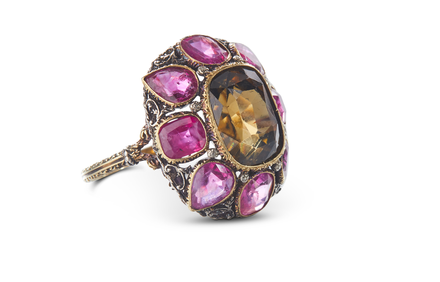  Buccellati Historic collection Botoletta ring in gold, silver, zirconia and rubies, designed in the 1930s