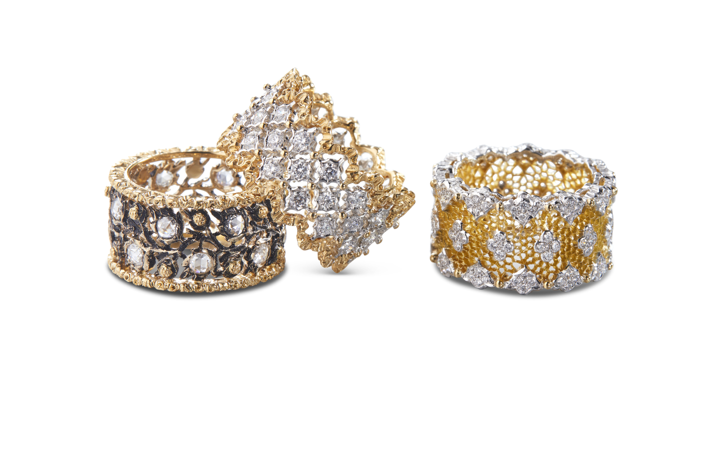  Buccellati Three Generation Eternelle rings - from the left to right: the  MB Ramage ring, GMB Rombi ring and AB Tulle ring in gold, white gold and diamond