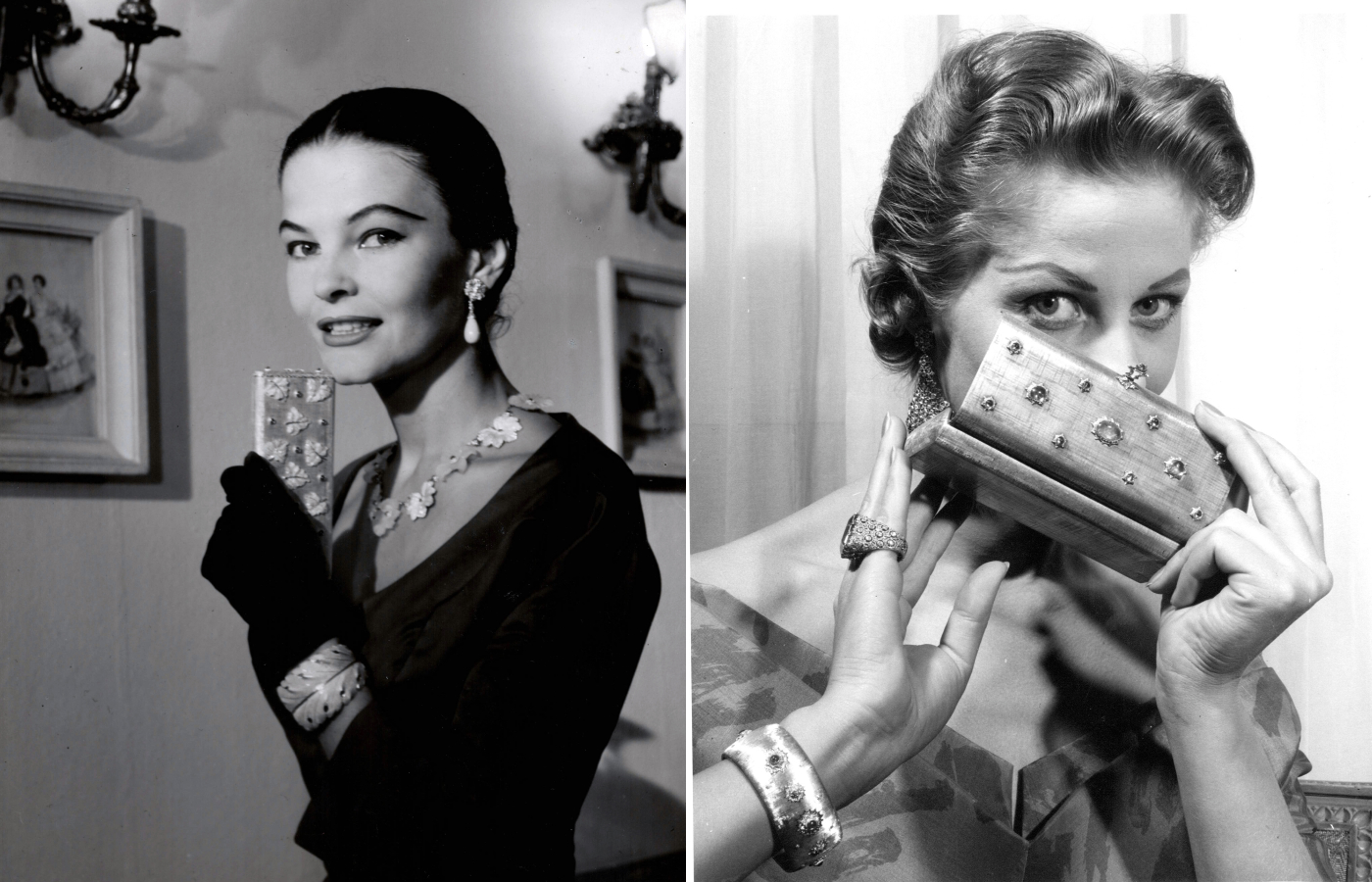 Image of model Joe Patterson wearing Buccellati jewels for Ferdinandi Alta Moda from the 1950s, alongside a historical photograph from the 1960s of a model wearing a Mario Buccellati evening case in silver, gold and sapphires 