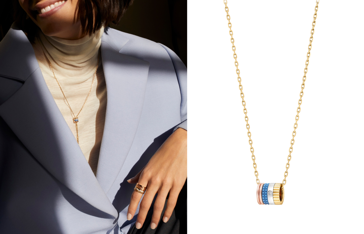 Model wearing the Quatre Blue Edition pendant and ring in gold, pink gold, white gold, enamel and diamond by Boucheron