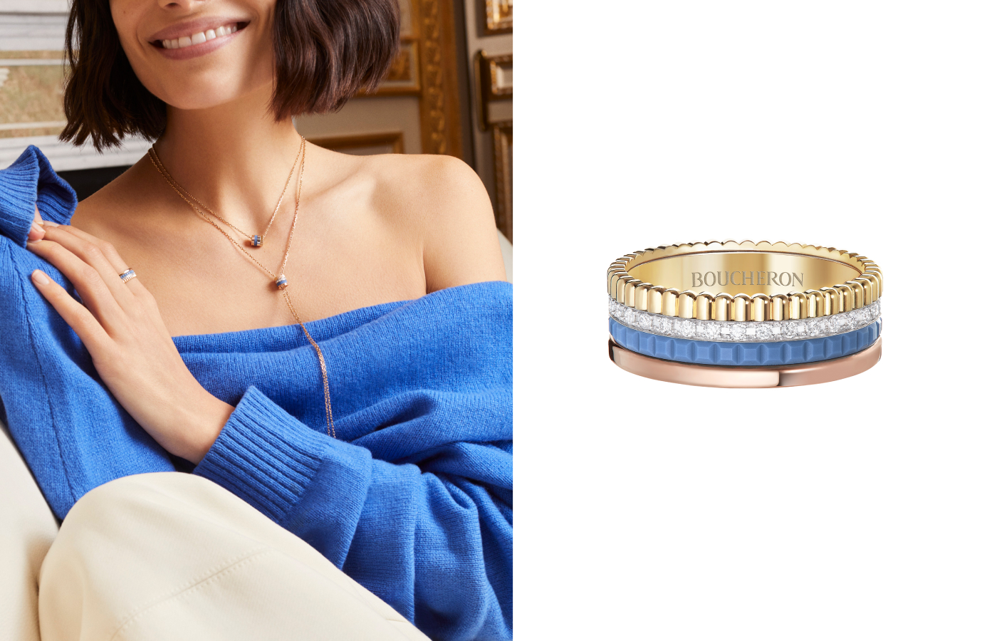  Model wearing the Quatre Blue Edition ring in gold, pink gold, white gold, enamel and diamond by Boucheron