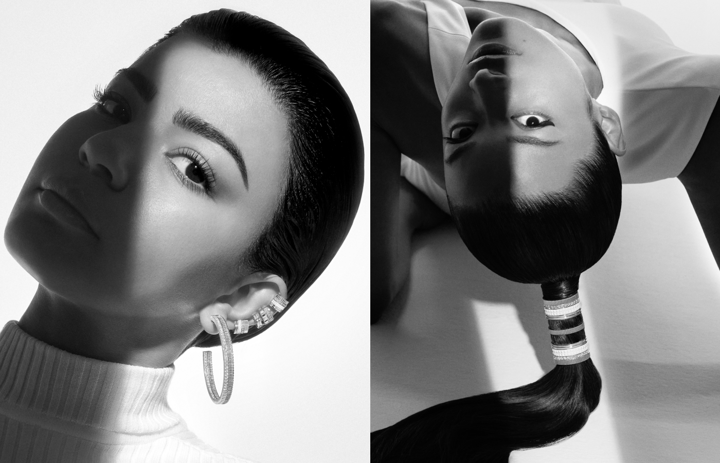 Quatre Double White Edition hair jewel, ear cuffs and earrings in white gold, enamel and diamond by Boucheron